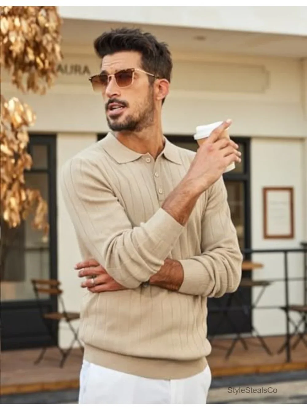 Men's Long Sleeve Knit Polo Sweater Slim Fit 3 Button Casual Pullover